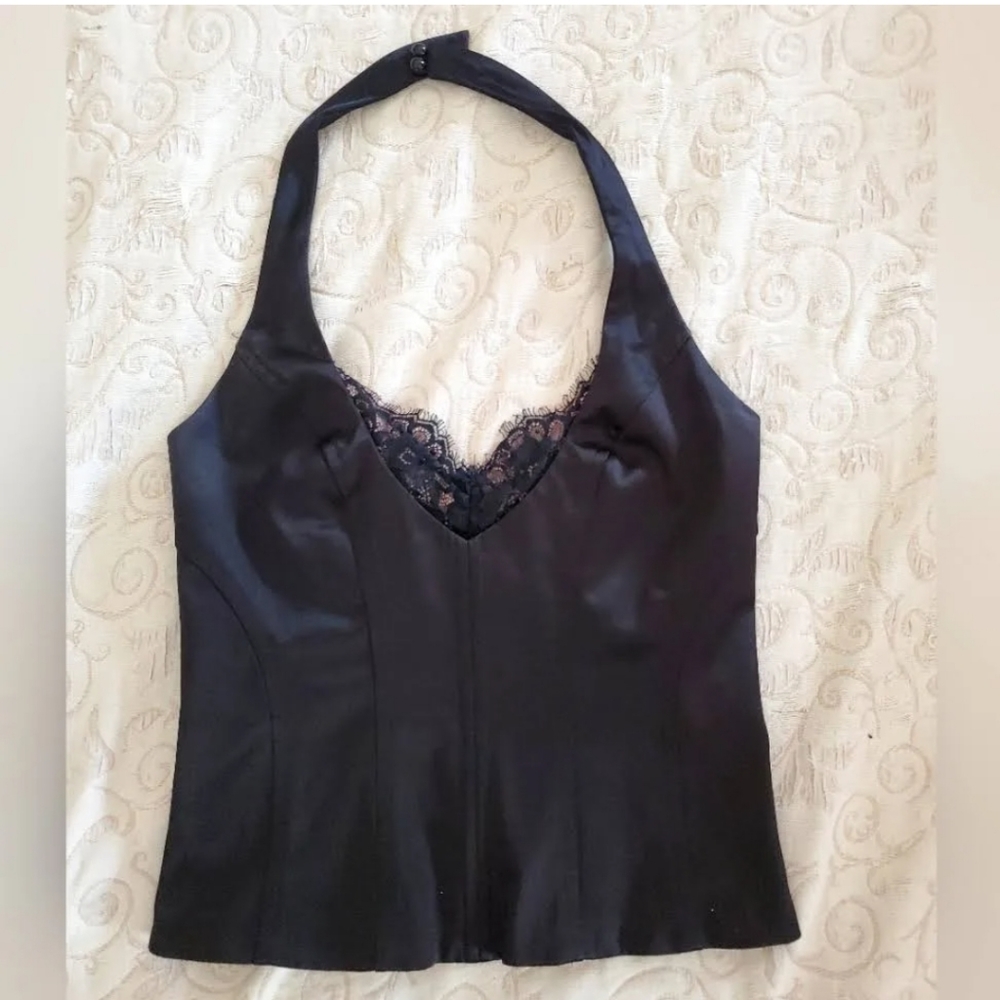 Bebe Black Halter Top Corset with Embellished Lace Insert Black Size XS